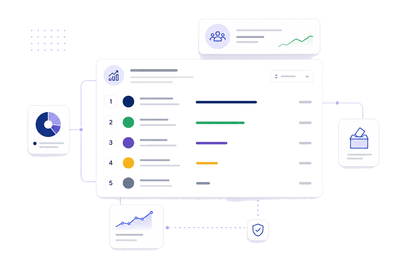 Mockup de ranking eleitoral com barras, indicadores e filtros de ordenação