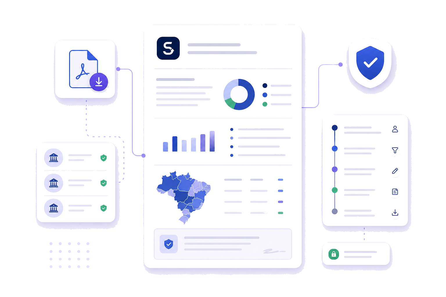 Mockup de relatório PDF com gráficos, fonte oficial e trilha de auditoria